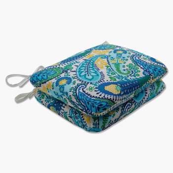 Set of 2 Outdoor/Indoor Rounded Corners Seat Cushions Amalia Paisley Blue - Pillow Perfect