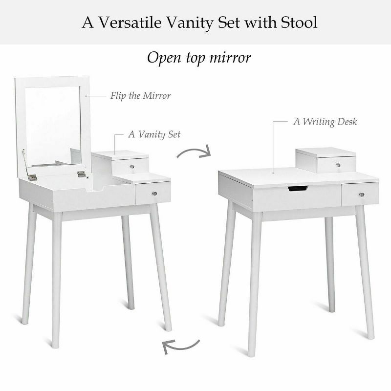 Costway Vanity Dressing Table Flip Desk Furniture Stool 2 White, 5 of 10