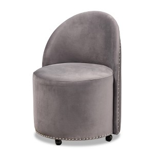 Bethel Velvet Fabric Upholstered Rolling Accent Chair Gray - Baxton Studio: Studded, Curved Backrest, Wood Frame - 1 of 4