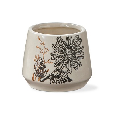 tagltd Let It Bee Flower Print Planter Small Glazed Ivory Stoneware, 4.7L x 4.7W x 3.9H inches, Holds Up to 2 inch Drop in Pot