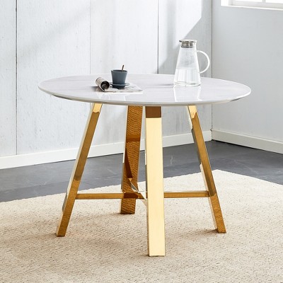 Round Coffee Table Dining Table Modern Cocktail Table Center Table Accent Table with with Metal Legs, Gold+White/Black+Wood-ModernLuxe