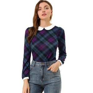INSPIRE CHIC Women's Peter Pan Collar Contrast Puff Sleeve Plaid Blouse - 1 of 4