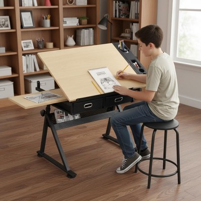 YOOCOZZ Adjustable Drawing Drafting Table Desk with 2 Drawers and Stool for Home Office and School