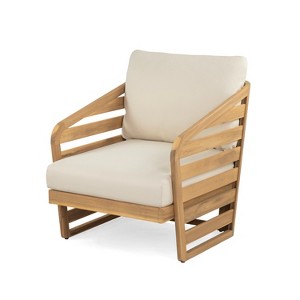 Christopher Knight Home Venteb Patio Slat Design Acacia Wood Upholstered Club Chair, Teak/Beige, Set of 4 - 1 of 4