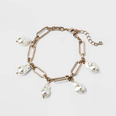 Chain Pearl Drop Chain Bracelet - A New Day&#8482; Gold