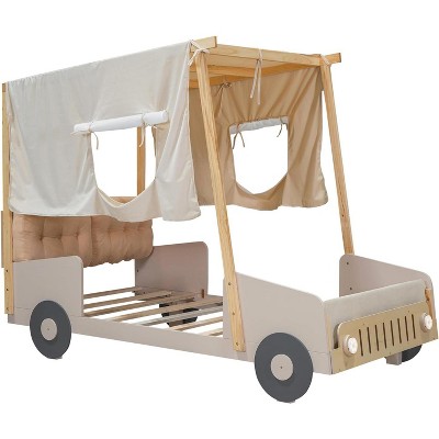 Kids Bed Platform with Ceiling Cloth Upholstered Headboard Car-Shaped Bed Frame with Light for Boys Girls Child Bedroom, Natural Color