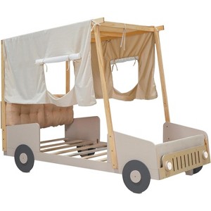 Kids Bed Platform with Ceiling Cloth Upholstered Headboard Car-Shaped Bed Frame with Light for Boys Girls Child Bedroom, Natural Color - 1 of 4