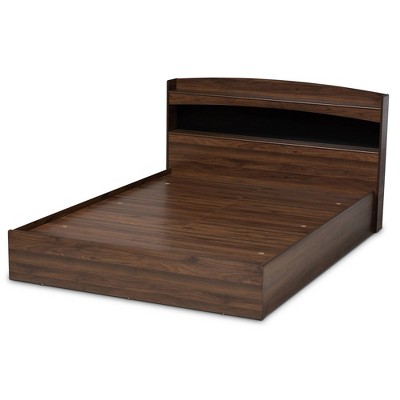 Christopher Queen Walnut Wood Platform Bed with Shelves