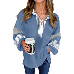 Imily Bela Womens Color Block  Oversized Polo Shirt V Neck Long Sleeve Casual Pullover Top - 1 of 4