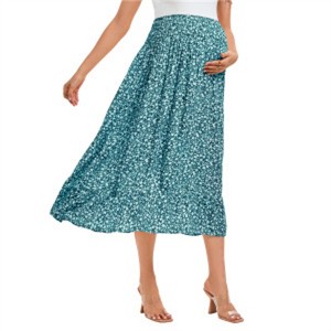 Clearlove Maternity Dress Women's High Waist Floral Print Pleated Maxi Skirt Casual Flowy Swing A Line Long Skirts - 1 of 3