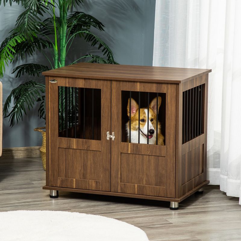 PawHut Dog Crate Furniture, Wooden End Table Furniture with Cushion & Lockable Magnetic Doors, Small Size Pet Kennel Indoor Animal Cage, 3 of 7