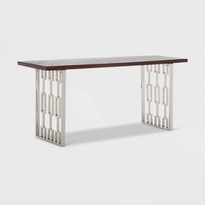 Lennox Dark Walnut Brown Wood and Silver Metal Bench