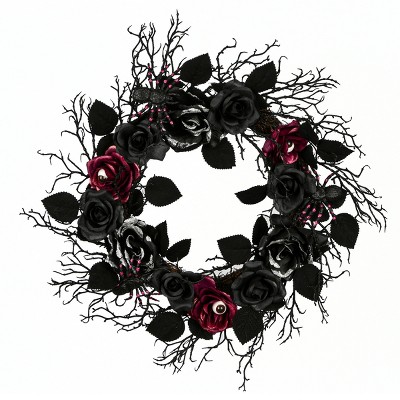 22" Halloween Black Rose Wreath - National Tree Company