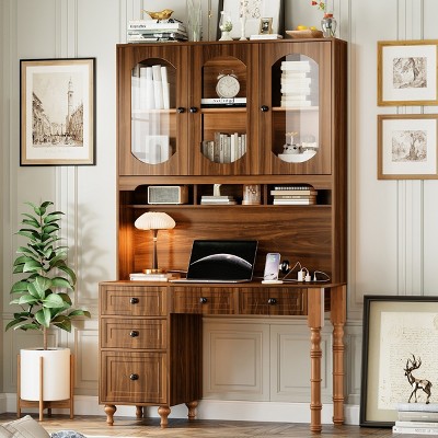 Retro 47" Wood Desk with Charging Ports and Hutch Cabinet Computer Desk with 5 Storage Drawers for Home Office, Bedroom-The Pop Home