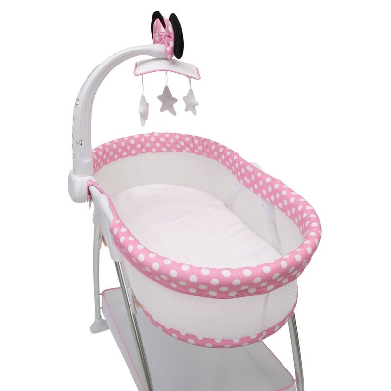Delta Children Disney Minnie Mouse Bassinet with Rotating Mobile Arm, Vibration, Nightlight and Music - White/Pink, 4 of 9