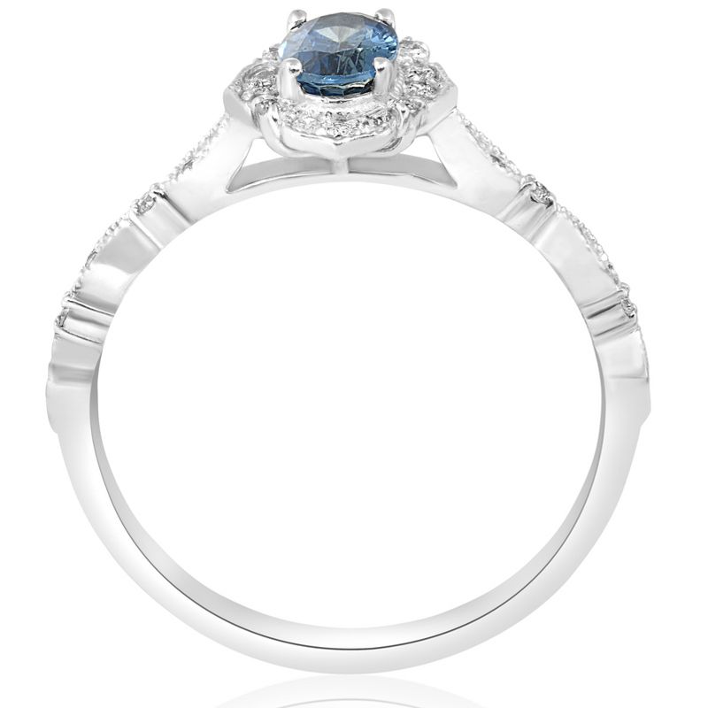 Pompeii3 3/4ct Oval Blue Sapphire Diamond Halo Vintage Engagement Ring 14K White Gold, 3 of 6