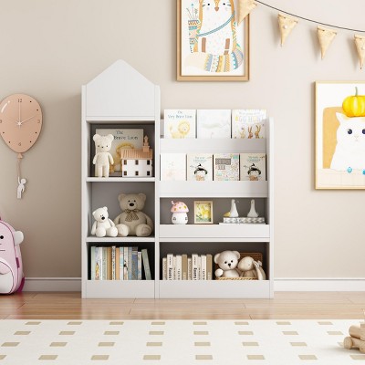 INFURNIC Decorative Bookshelf Multi Shelf Kids Storage Organizer with Baskets Cubby Shelf for Books and Toys, White, 31.5"*11.8"*39.5"