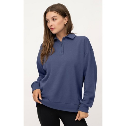 Yogalicious Womens Cloud Plush Grove Cozy Polo Sweatshirt - Blue