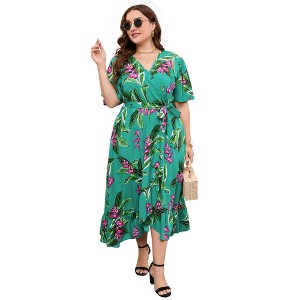 Clearlove Women's Spring and Summer Plus Size Floral V Neck Short Sleeve A Line Long Dress - 1 of 4