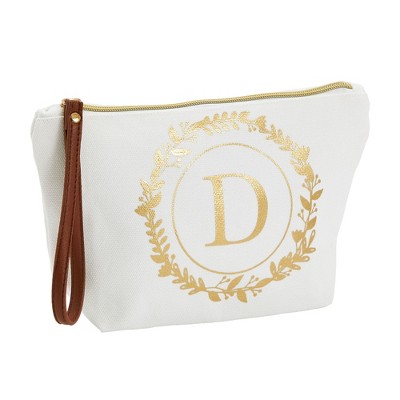 Gold Initial Personalized Makeup Bag for Women, Monogrammed Canvas Cosmetic Pouch (White, 10 x 3 x 6 In)