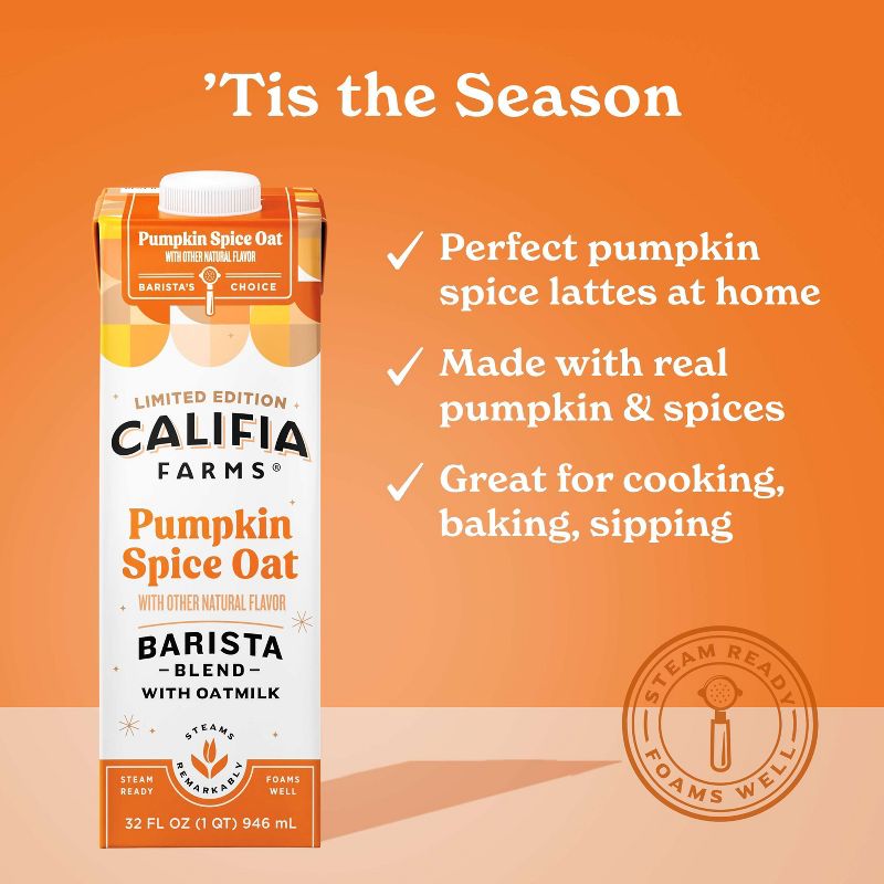 Califia Farms Pumpkin Spice Oat Milk Barista Blend Coffee Creamer - 1qt, 3 of 12