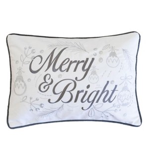 Gulches "Merry & Bright" Embroidered Throw Pillow ¨C 14x20" White & Silver Velvet Lumbar Cushion for Fireplace Mantel with Snowflake Trim - 1 of 4
