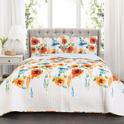 Full/Queen Percy Bloom Quilt Set Tangerine/Blue - Lush Décor