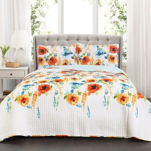 Tangerine & Blue Percy Bloom Quilt Set (Full/Queen) - Lush Decor, Orange