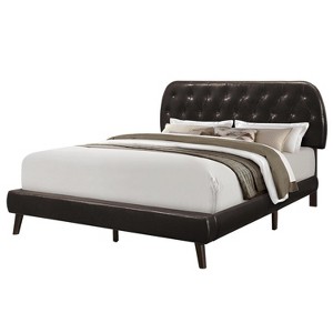 Monarch Specialties Bed, Queen Size, Bedroom, Upholstered, Brown Leather Look, Wood Legs, Transitional - 1 of 4