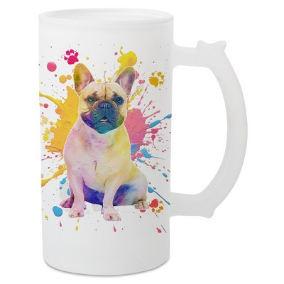 100 North Freezable Beer Stein Mug With Thumb Grip Handle, 16 Ounce Frosted Glass, French Bulldog Paint Splatter