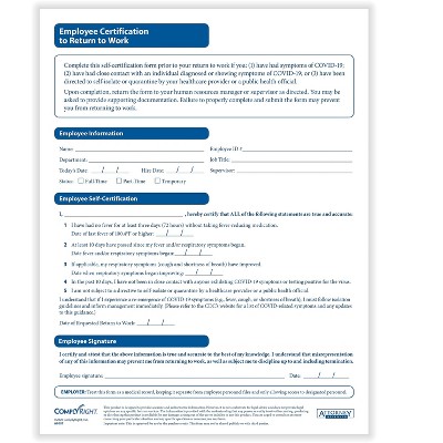 ComplyRight Employee Certification to Return to Work Medical Records Forms A0107PK50