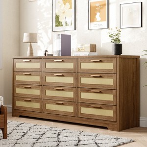 12 Drawer Dresser for Bedroom, Modern Rattan Chest of Drawers, Wood Storage Organizer with Drawers and Handles, for Nursery, Entryway, Living Room - 1 of 4