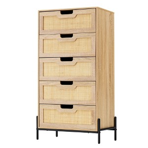 5 Drawer Dresser, 5 Chest of Drawers, Modern Rattan Storage Dresser, Wooden Bedroom Dresser, Drawer Dresser for Living Room, Hallway, Entryway - 1 of 4
