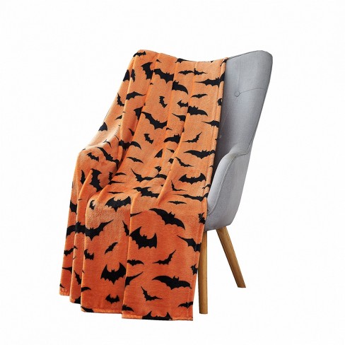 Kate Aurora Halloween Spooky Bats Pumpkin Orange Black Ultra Soft Plush Oversized Accent Throw Blanket 50 in. W x 70 in. L