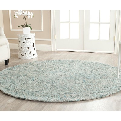 Ivory and Sea Blue Round Wool Geometric Area Rug, 6 ft.