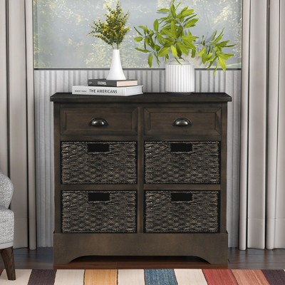 Rustic Storage Cabinet with Two Drawers and Four Classic Rattan Basket