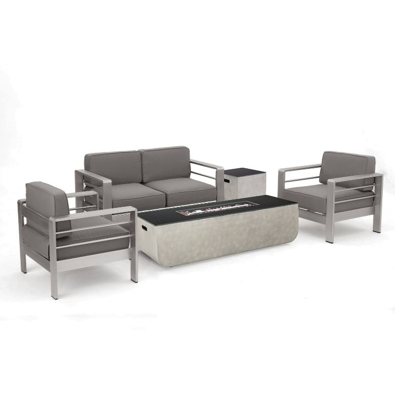 Cape Coral 5pc Outdoor 4 Seater Aluminum Chat Set with Fire Pit - Silver/Khaki - Christopher Knight Home, 1 of 19
