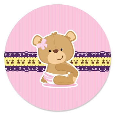 Big Dot of Happiness Girl Baby Teddy Bear - Baby Shower Circle Sticker Labels - 24 Count