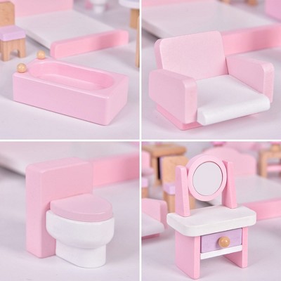 Pink Wooden 22-Piece Dollhouse Furniture Set