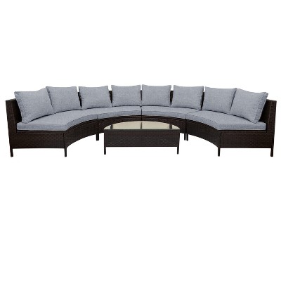 Dolonm 5-Pc All-Weather PE Rattan Sofa Set: 8 thick pillows&4 cushions, Steel frame, Half-Moon Glass Table