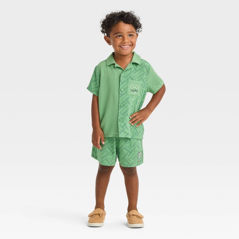 Toddler Boys' Disney Mickey Mouse Woven Pattern Top and Shorts Set - Green, 1 of 4