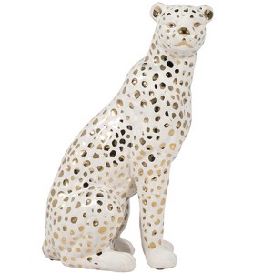 Sagebrook Home 11" Sitting Leopard Sculpture - Contemporary Glam Ceramic White and Gold Decorative Leopard Figurine - Animal Home or Office Decor - 1 of 4