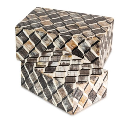 Leela Brown and Ivory Bone Inlay Decorative Boxes, Set of 2