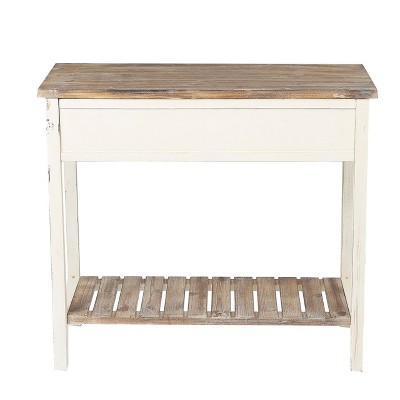 Vintage Distressed White and Natural Wood Console Table with Storage