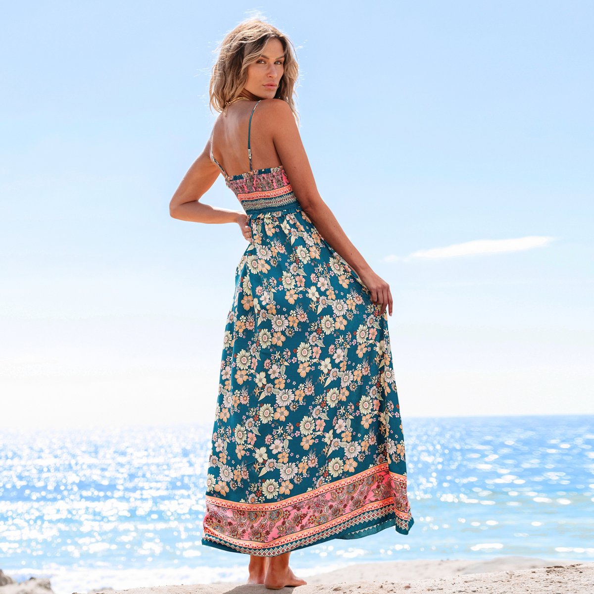 Женские платья Cupshe Women's Boho Chic Floral Print Maxi Dress with Smocked Bodice-S-Blue&Pink — фото 5