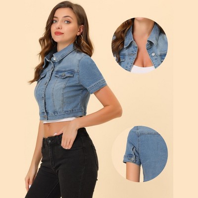 INSPIRE CHIC Women's Casual Short Sleeves Crop Denim Jacket 2 Packs Light Blue/Blue Large — фото 2