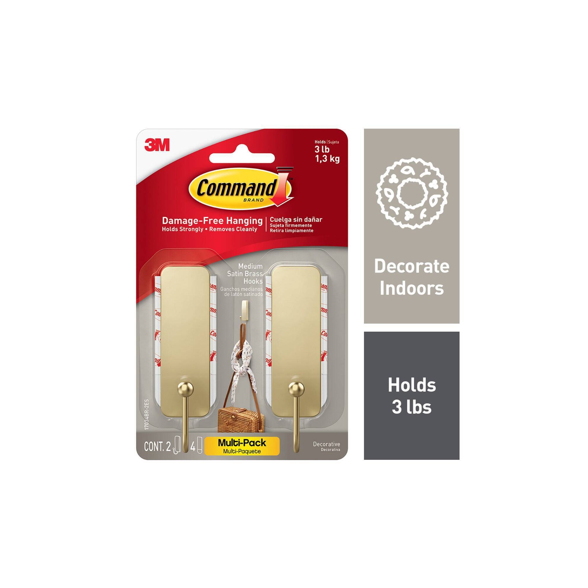 Command 2ct Damage-Free Hanging Medium Decorative Satin Brass Hooks for Holiday Decoration