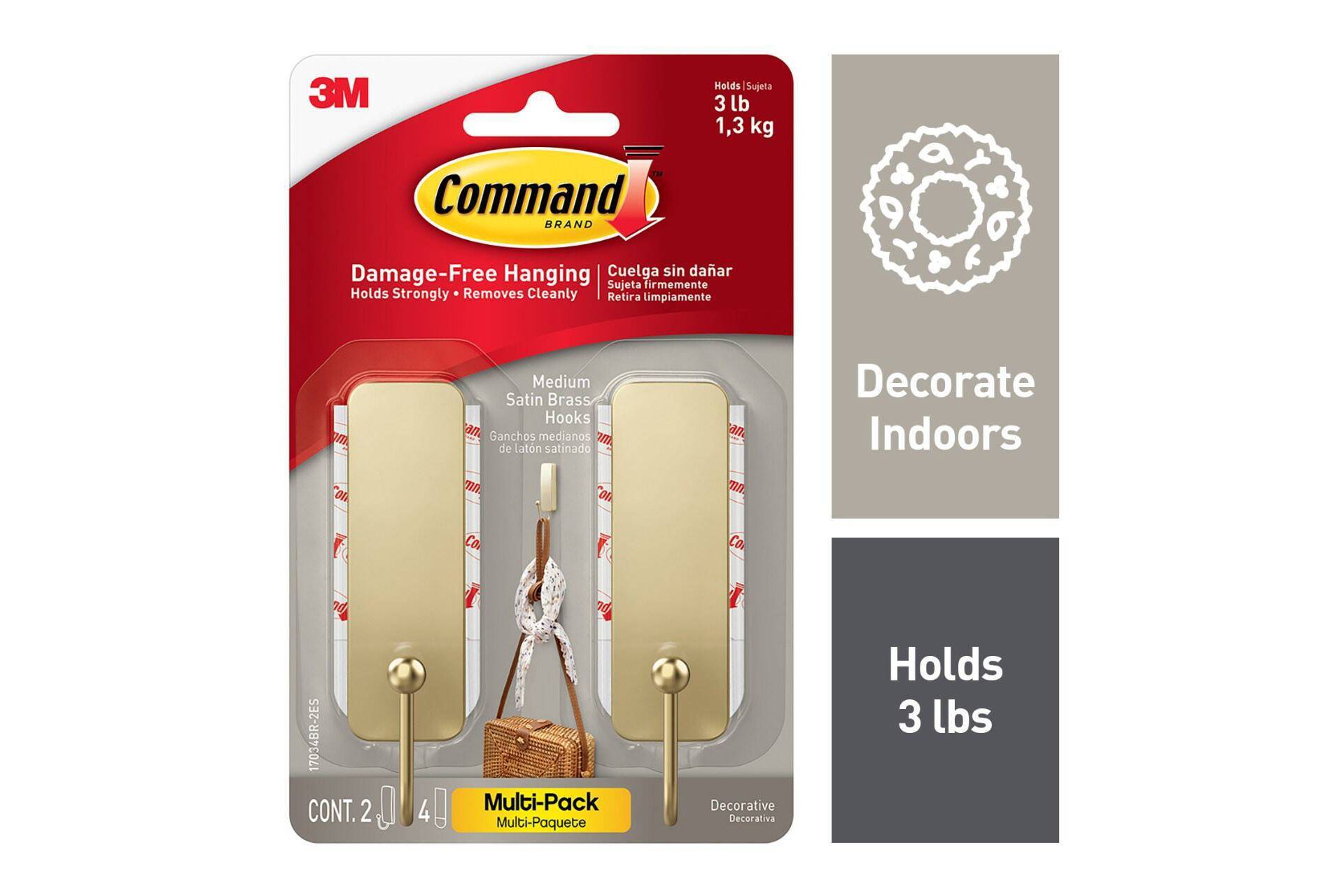 Command 2pk Medium Satin Brass Damage-Free Hooks