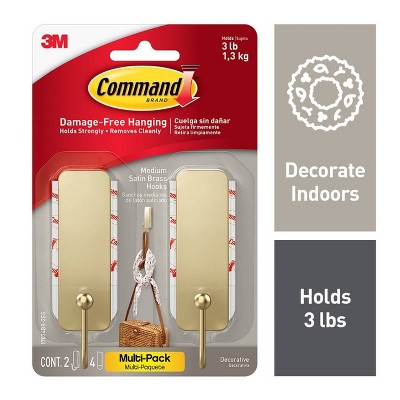 Command 2ct Damage-Free Hanging Medium Decorative Satin Brass Hooks for Holiday Decoration