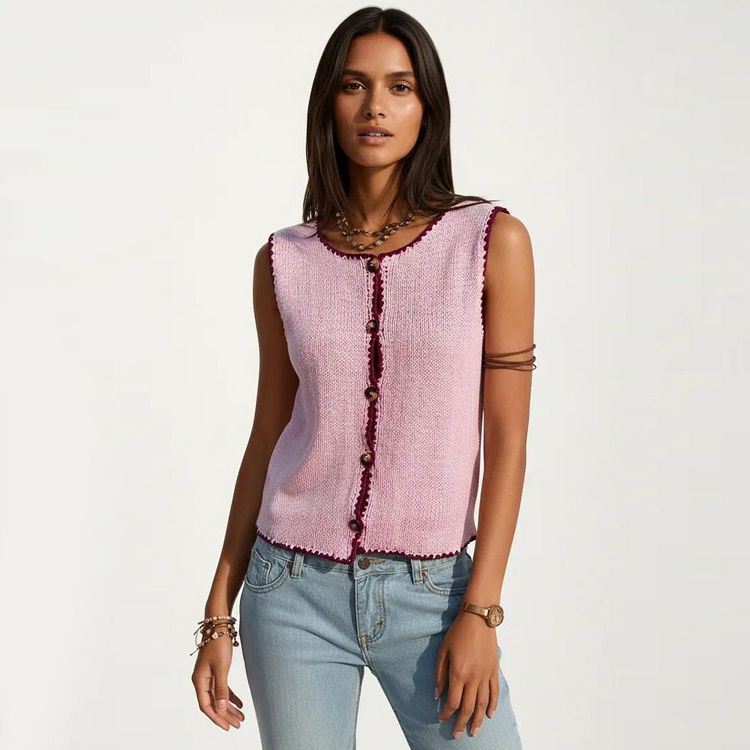Anna-Kaci Sleeveless Knit Button Front Top with Contrast Trim Detail, 2 of 7